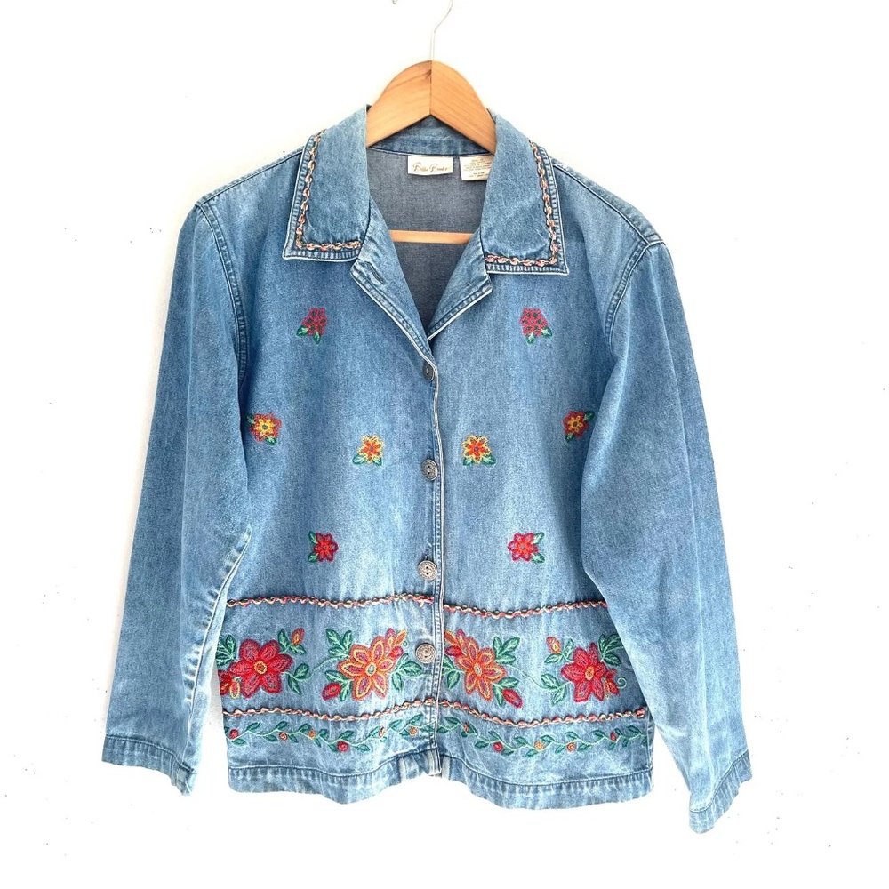 Vintage Floral Embroidered Denim Jean Jacket Bobbie Brooks